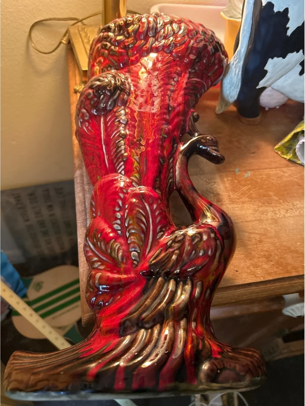 Vintage Red Ceramic Peacock Vase Figurine